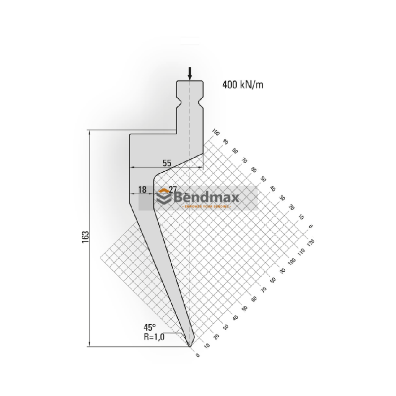Profile view of gooseneck punch geometry designed for deep box return clearance